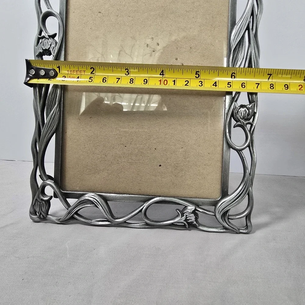 Vintage Ornate Photo Picture Frame Pewter Art Nouveau Floral Bud Vine 5